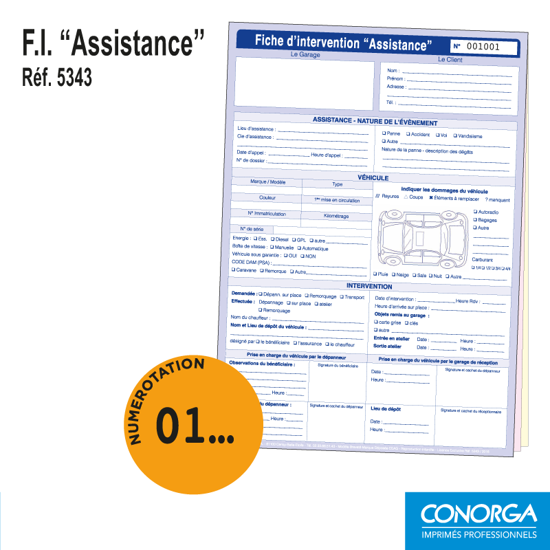 Fiche d'Intervention Assistance dépannage remorquage numérotée