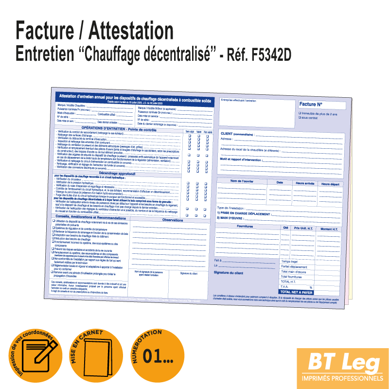 Facture / Attestation d'Entretien Chauffage Décentralisé à Combustible Solide